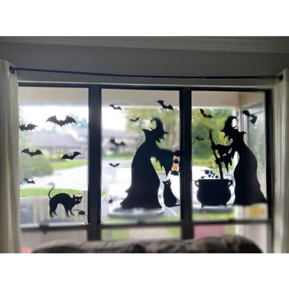 Halloween Decorations Window Clings Decor Extra Large Witches with Black Cat Bat - Picture 2 of 4